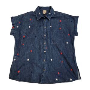 Como Vintage Blue Cotton Denim 4th of July USA Star Embroided Short Sleeve SZ L